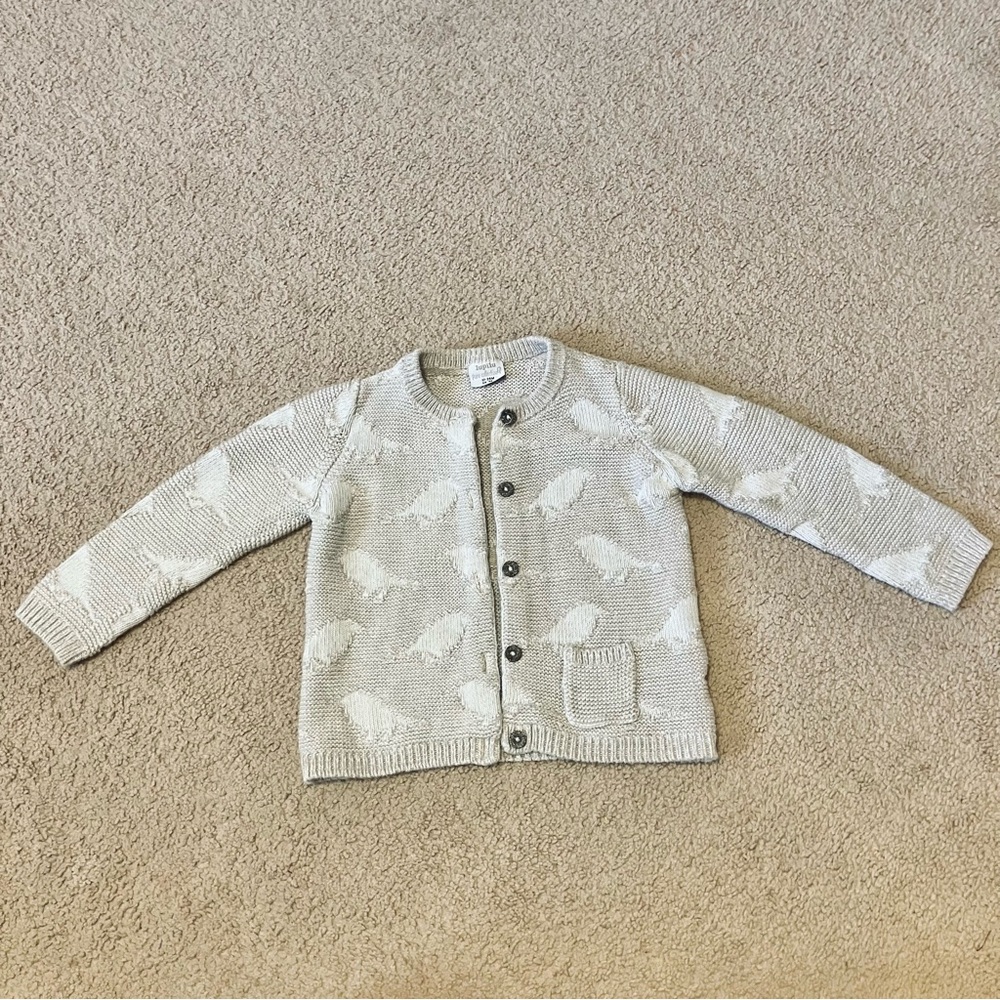 Lupilu Baby Beige Bird Knit Sweater Cardigan 100%‎ organic cotton Sz 12-24M